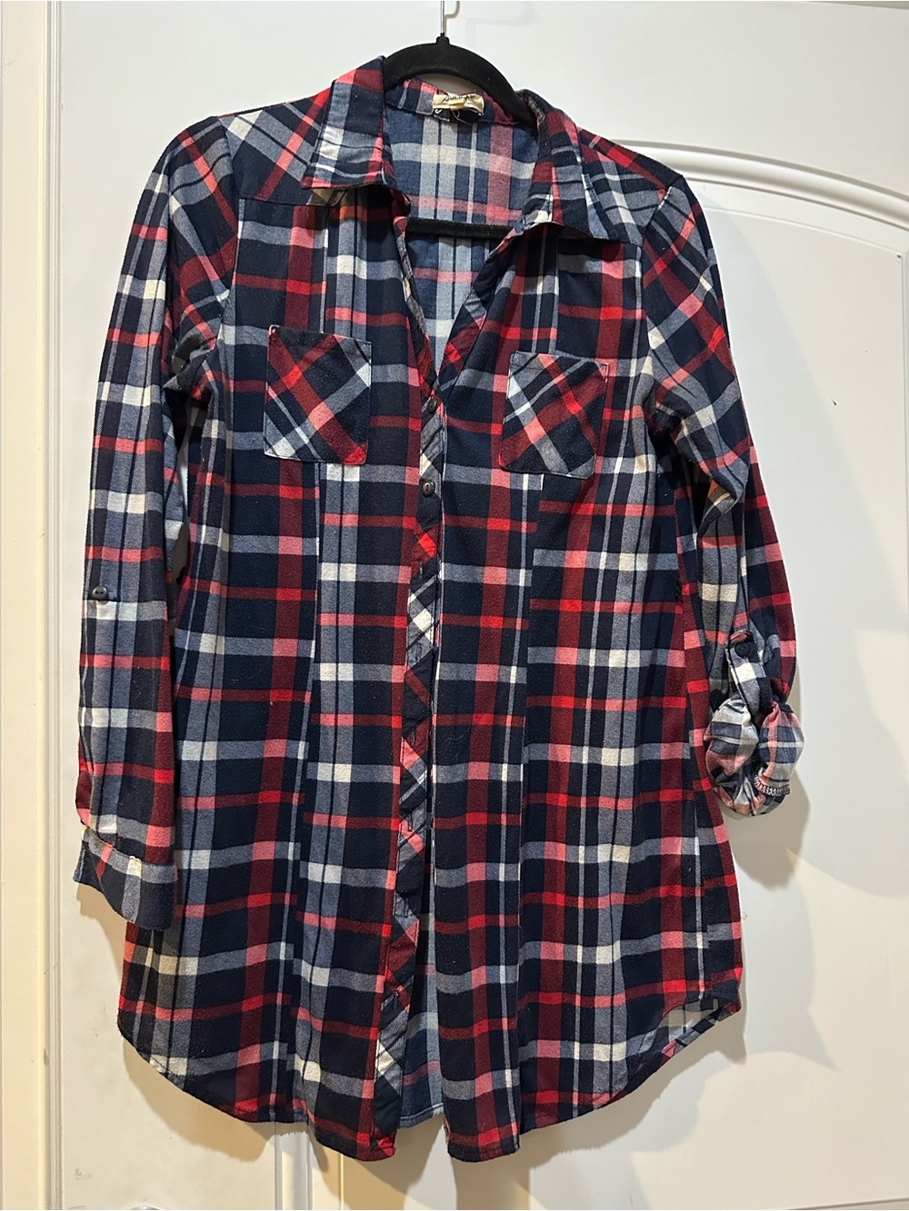 Red Navy White Plaid Button-Up Tunic Shirt